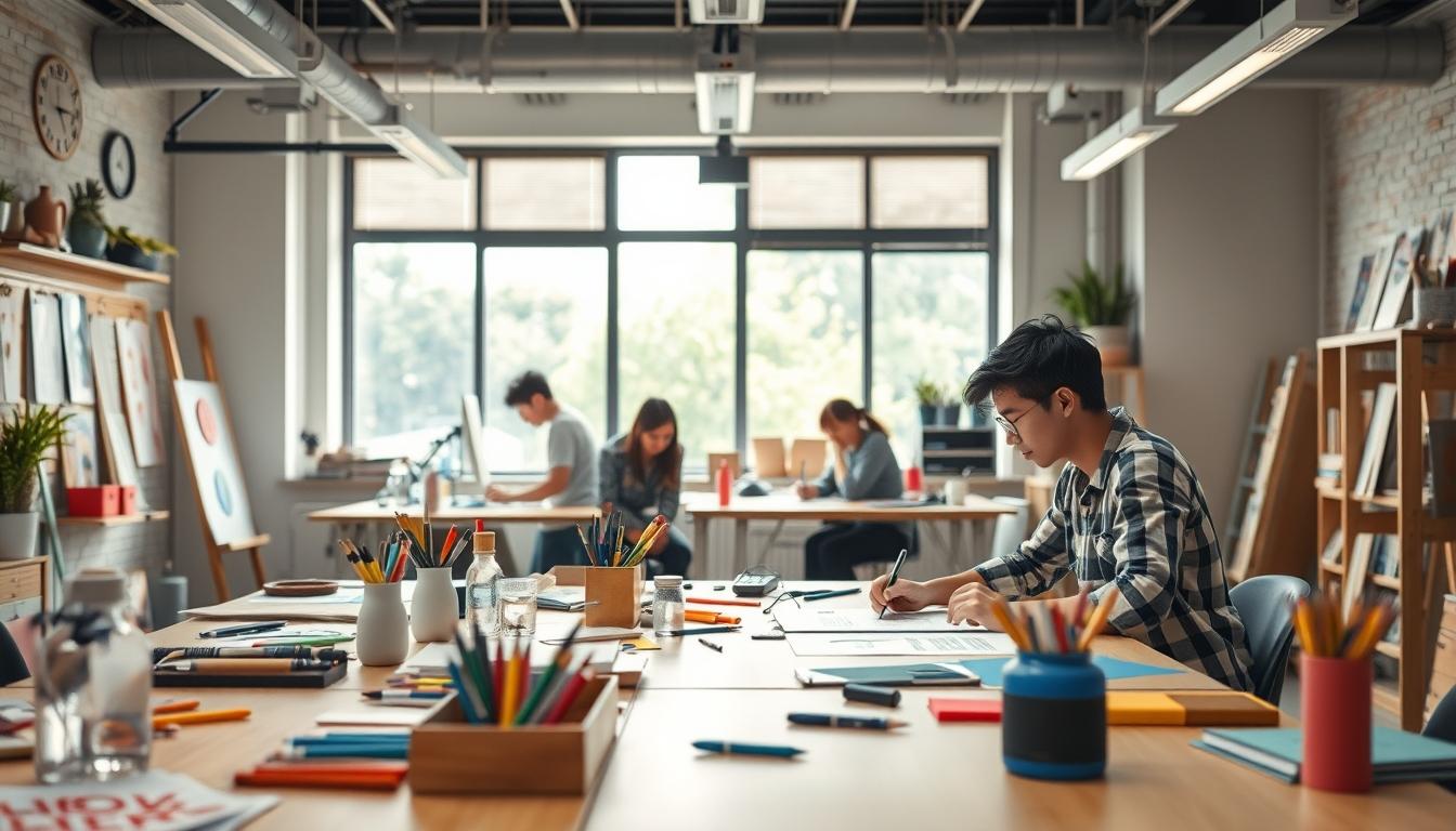 Students studying together in modern classroom